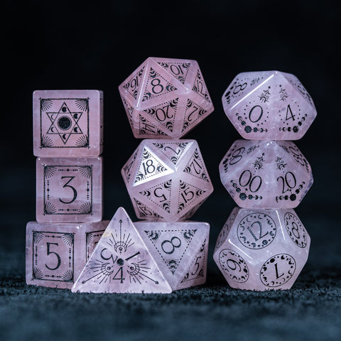 URWizards D&D Rose Quartz Engraved Dice Set Lunar Eclipse - Urwizards