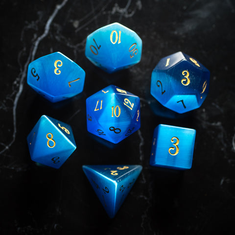 URWizards Dnd Blue Cat's Eye Gemstone Engraved Dice Set - Urwizards