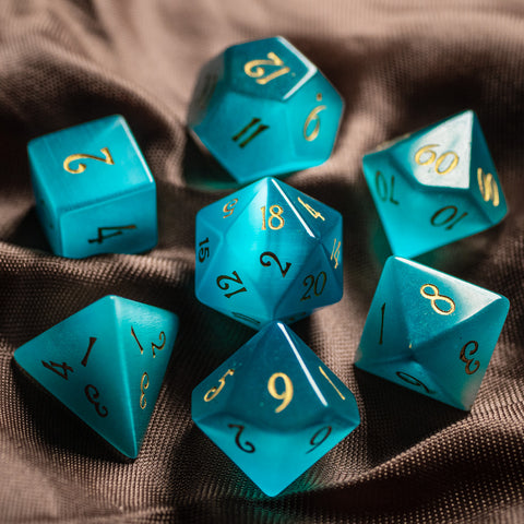 URWizards Dnd Aquamarine Cat's Eye Gemstone Engraved Dice Set - Urwizards