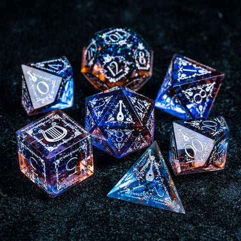 URWizards D&D Resin Dawn Glitter Engraved Dice Set Bard Style - Urwizards