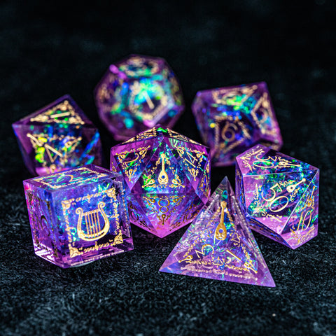 URWizards D&D Resin Purple Glitter Engraved Dice Set Bard Style - Urwizards