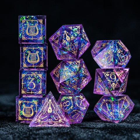 URWizards D&D Resin Purple Glitter Engraved Dice Set Bard Style - Urwizards