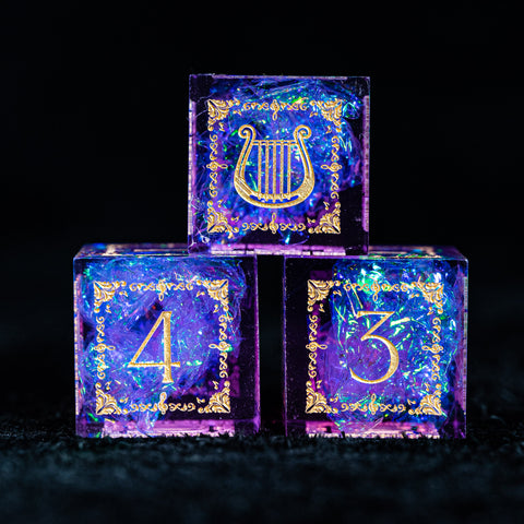 URWizards D&D Resin Purple Glitter Engraved Dice Set Bard Style - Urwizards