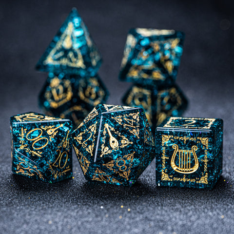 URWizards D&D Blast Blue Glass Engraved Dice Set Bard Style - Urwizards