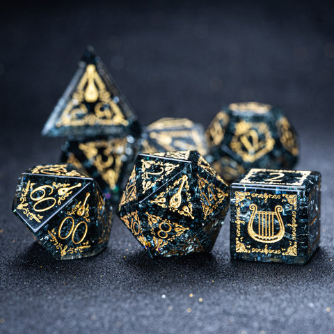 URWizards D&D Blast Dark Glass Engraved Dice Set Bard Style - Urwizards