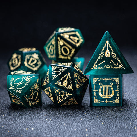 URWizards D&D Teal Green Cat's Eye Engraved Dice Set Bard Style - Urwizards