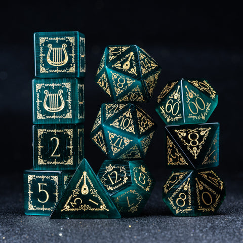 URWizards D&D Teal Green Cat's Eye Engraved Dice Set Bard Style - Urwizards