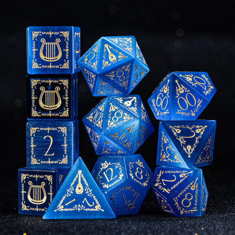 URWizards D&D Blue Cat's Eye Engraved Dice Set Bard Style - Urwizards