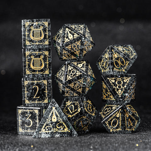 URWizards D&D Blast Dark Glass Engraved Dice Set Bard Style - Urwizards