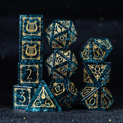 URWizards D&D Blast Blue Glass Engraved Dice Set Bard Style - Urwizards