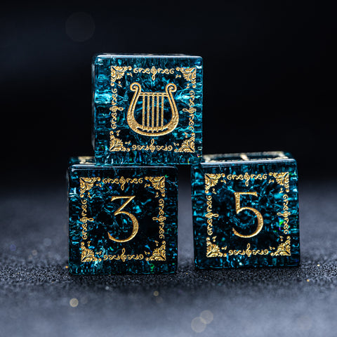 URWizards D&D Blast Blue Glass Engraved Dice Set Bard Style - Urwizards