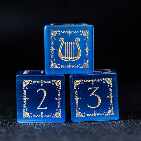 URWizards D&D Blue Cat's Eye Engraved Dice Set Bard Style - Urwizards