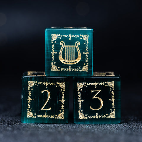 URWizards D&D Teal Green Cat's Eye Engraved Dice Set Bard Style - Urwizards