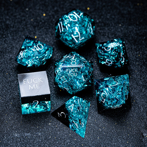 URWizards D&D Ice Glitter Resin Engraved Dice Set Fuck You Fuck Me Style - Urwizards