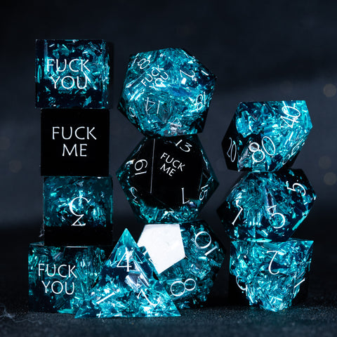 URWizards D&D Ice Glitter Resin Engraved Dice Set Fuck You Fuck Me Style - Urwizards