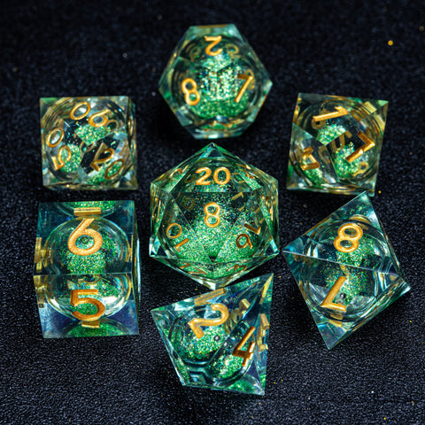 URWizards D&D Liquid Heart Resin Engraved Dice Set Green - Urwizards