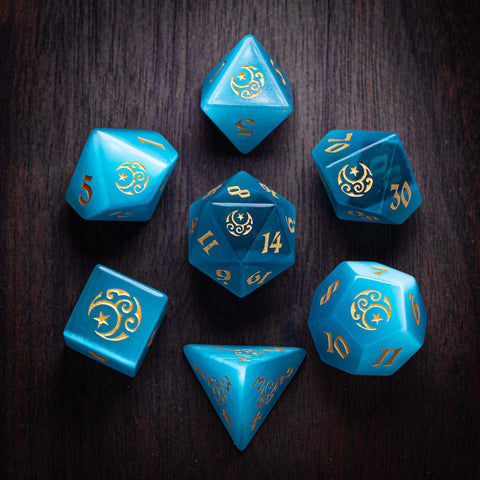URWizards Dnd Aqua Cat's Eye Engraved Dice Set Moon Star Style - Urwizards