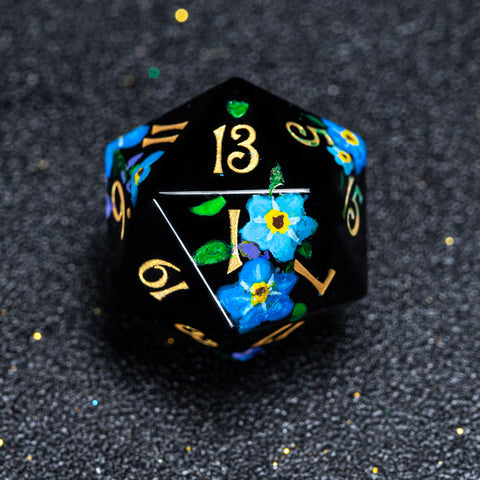 URWizards D&D Polished Obsidian Engraved Dice Set Hand-painted Forget Me Not - Urwizards