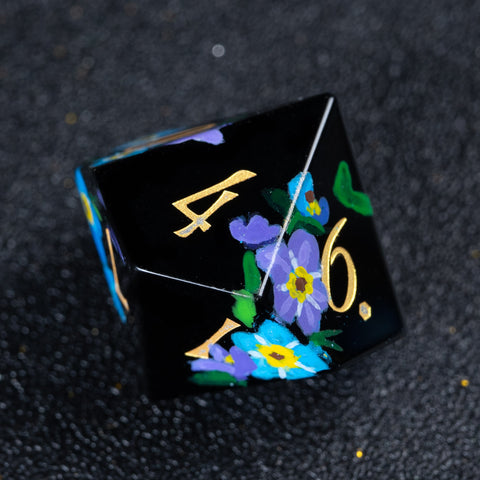 URWizards D&D Polished Obsidian Engraved Dice Set Hand-painted Forget Me Not - Urwizards