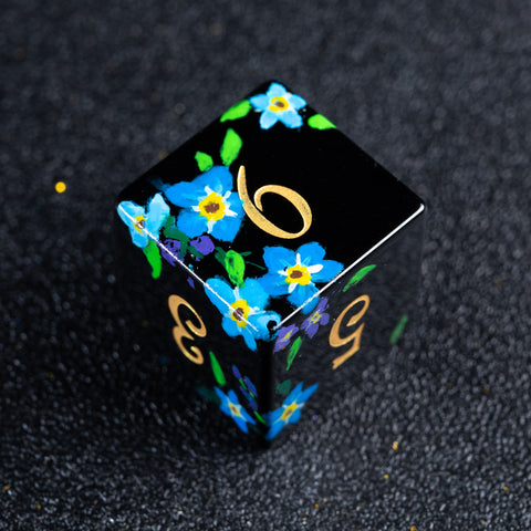 URWizards D&D Polished Obsidian Engraved Dice Set Hand-painted Forget Me Not - Urwizards