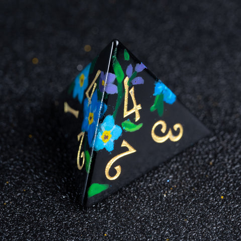 URWizards D&D Polished Obsidian Engraved Dice Set Hand-painted Forget Me Not - Urwizards