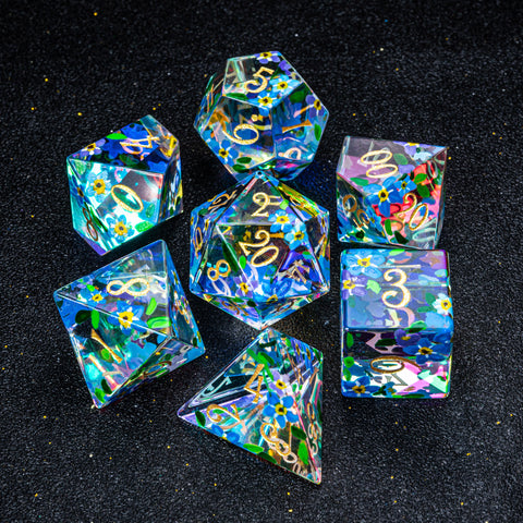 URWizards D&D Polished Prism Glass Engraved Dice Set Hand-painted Forget me not - Urwizards