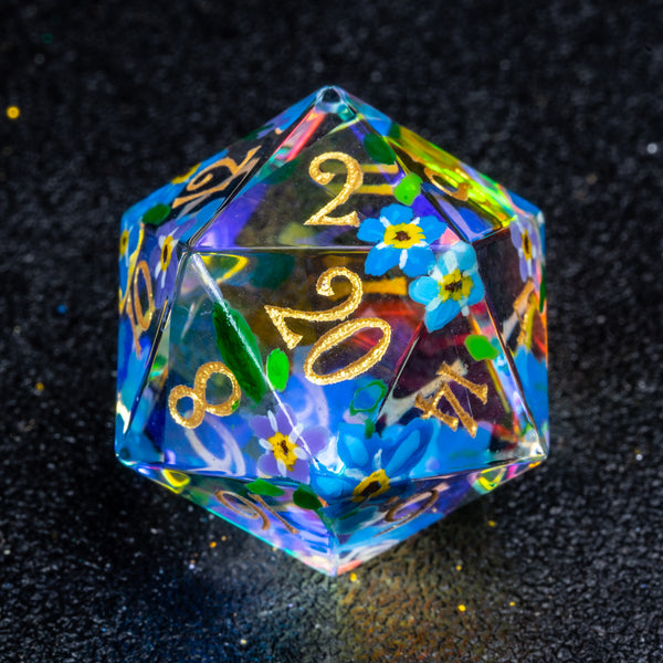URWizards D&D Polished Prism Glass Engraved Dice Set Hand-painted Forget me not - Urwizards