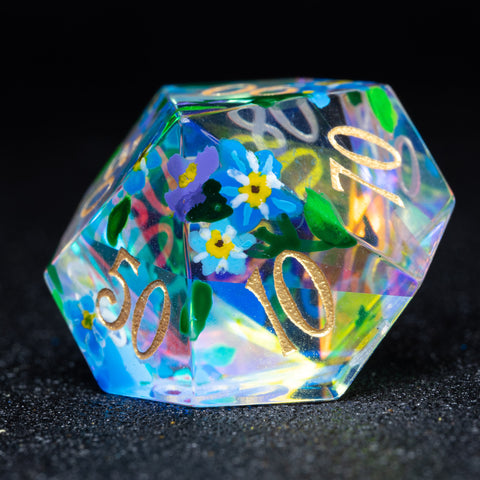 URWizards D&D Polished Prism Glass Engraved Dice Set Hand-painted Forget me not - Urwizards