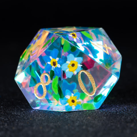 URWizards D&D Polished Prism Glass Engraved Dice Set Hand-painted Forget me not - Urwizards