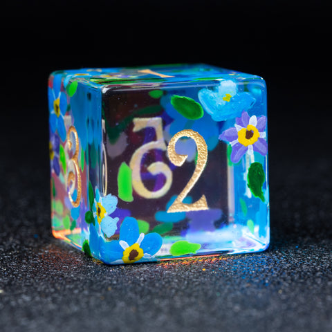 URWizards D&D Polished Prism Glass Engraved Dice Set Hand-painted Forget me not - Urwizards