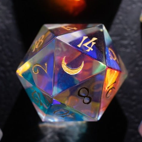 URWizards Dnd Engraved Dichroic Glass D20 Dice Cresent Moon - Urwizards