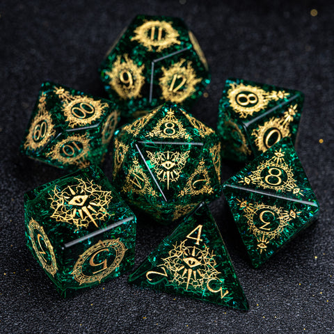 URWizards D&D Blast Emerald Glass Engraved Dice Set Warlock Style - Urwizards