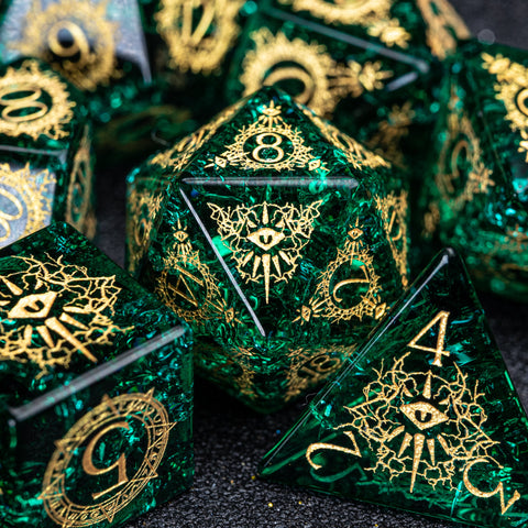 URWizards D&D Blast Emerald Glass Engraved Dice Set Warlock Style - Urwizards