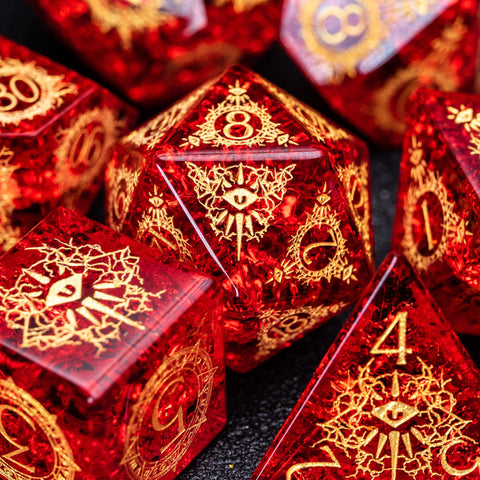 URWizards D&D Blast Red Glass Engraved Dice Set Warlock Style - Urwizards