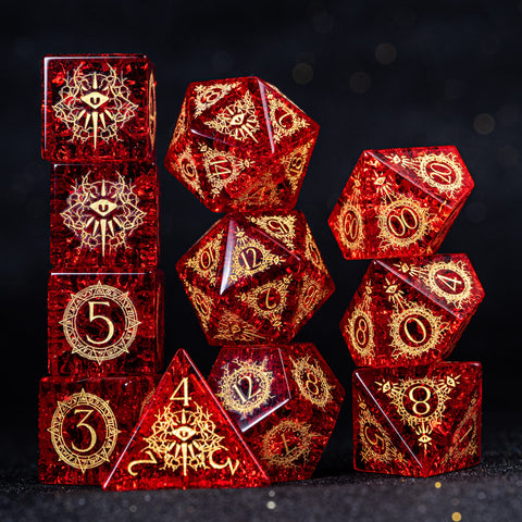 URWizards D&D Blast Red Glass Engraved Dice Set Warlock Style - Urwizards
