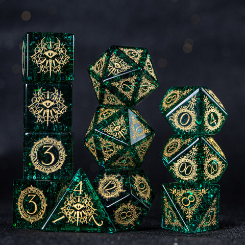 URWizards D&D Blast Emerald Glass Engraved Dice Set Warlock Style - Urwizards