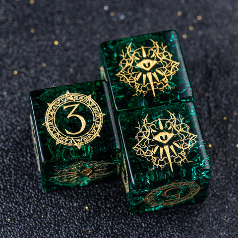 URWizards D&D Blast Emerald Glass Engraved Dice Set Warlock Style - Urwizards