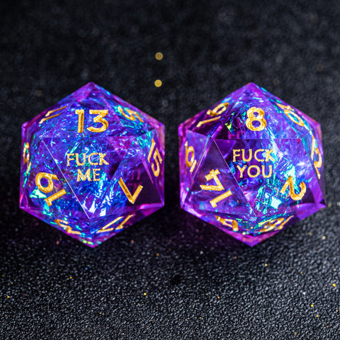 URWizards D&D Purple Glitter Resin Engraved Dice Set Fuck You Fuck Me Style - Urwizards