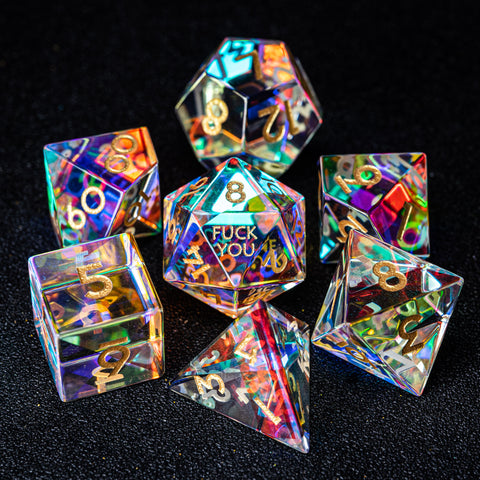URWizards D&D Dichroic Prism Glass Engraved Dice Set Fuck you Fuck me - Urwizards