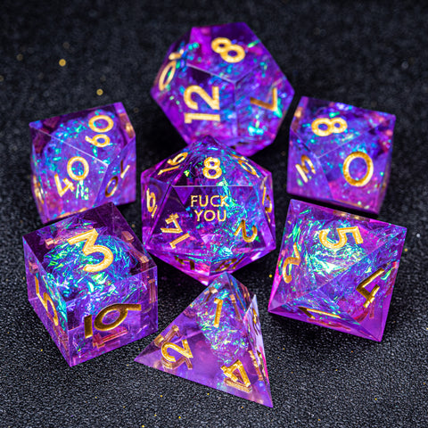 URWizards D&D Purple Glitter Resin Engraved Dice Set Fuck You Fuck Me Style - Urwizards