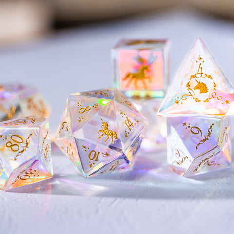 URWizards Dnd Dichroic Prism Glass Engraved Dice Set Unicorn Style - Urwizards