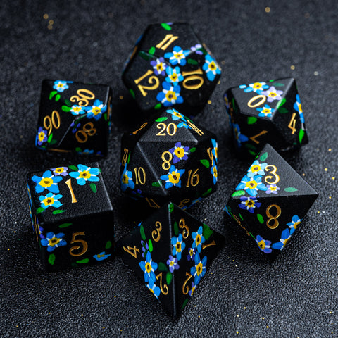 URWizards D&D Frosted Obsidian Engraved Dice Set Hand-painted Forget Me Not - Urwizards