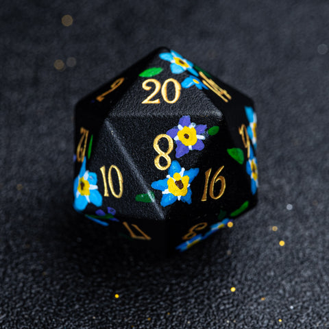URWizards D&D Frosted Obsidian Engraved Dice Set Hand-painted Forget Me Not - Urwizards