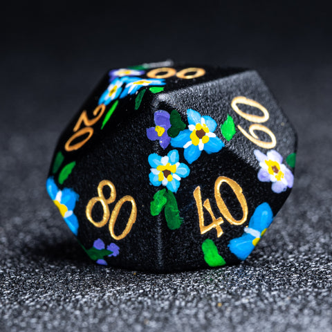 URWizards D&D Frosted Obsidian Engraved Dice Set Hand-painted Forget Me Not - Urwizards