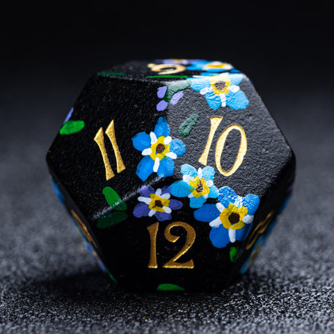 URWizards D&D Frosted Obsidian Engraved Dice Set Hand-painted Forget Me Not - Urwizards