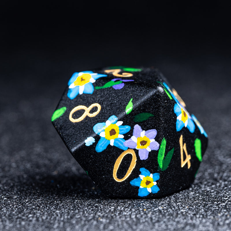 URWizards D&D Frosted Obsidian Engraved Dice Set Hand-painted Forget Me Not - Urwizards