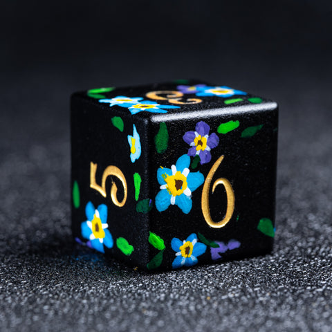 URWizards D&D Frosted Obsidian Engraved Dice Set Hand-painted Forget Me Not - Urwizards