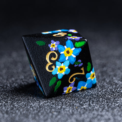 URWizards D&D Frosted Obsidian Engraved Dice Set Hand-painted Forget Me Not - Urwizards