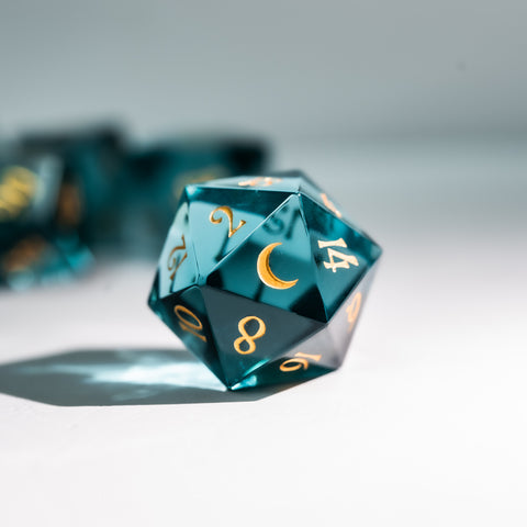URWizards Dnd Blue Tourmaline Glass Engraved Dice Set Moon Style - Urwizards
