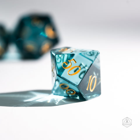 URWizards Dnd Blue Tourmaline Glass Engraved Dice Set Moon Style - Urwizards